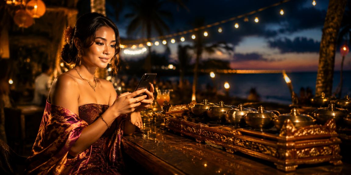Suasana pantai tropis dengan promo cashback bonus yang meriah