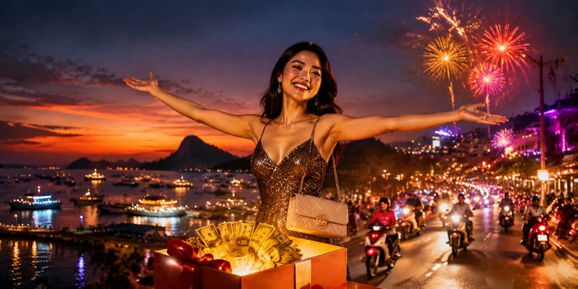 Lantai kasino dengan permainan kasino neon dan para pemain menikmati voucher